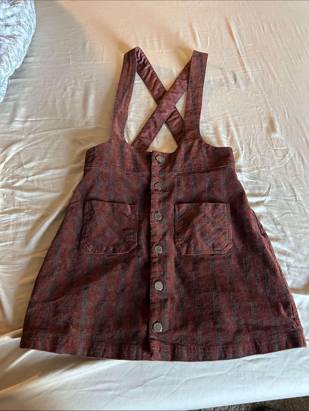 Disturbia Terracotta Check Cord Mini Pinafore Skirt - Picture 6 of 10